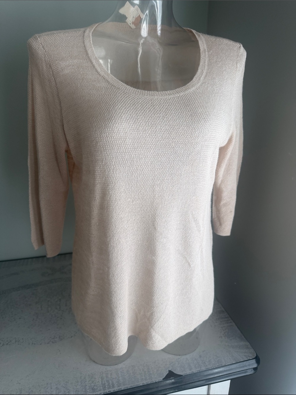 Chico's Scoop Neck Lightweight Knit Sweater in Cream with 3/4 length sleeve